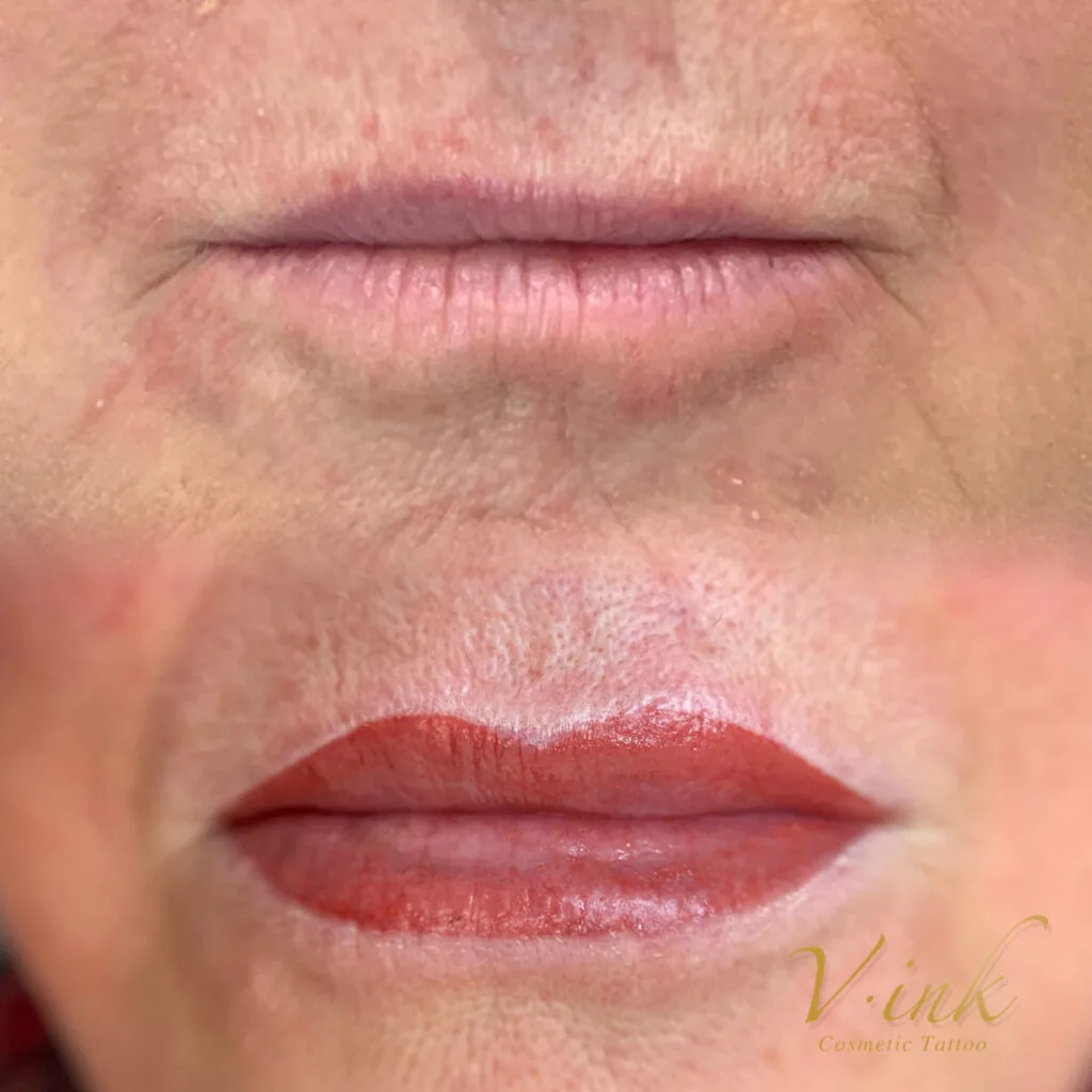 Lip blush before and after — pale thin lips to defined coral lips, mouth macro