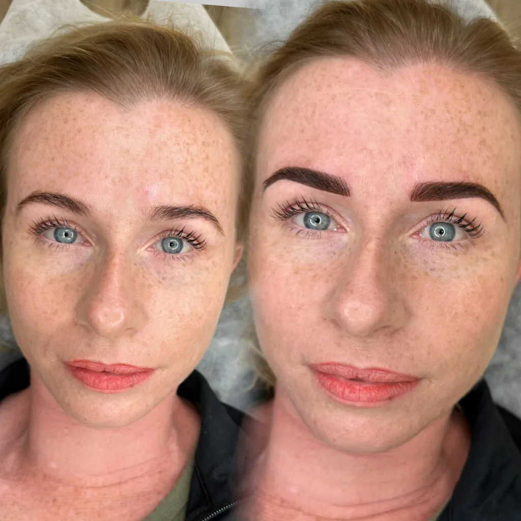Eyebrow tattoo before and after — frontal portrait, natural ombré brows on freckled client