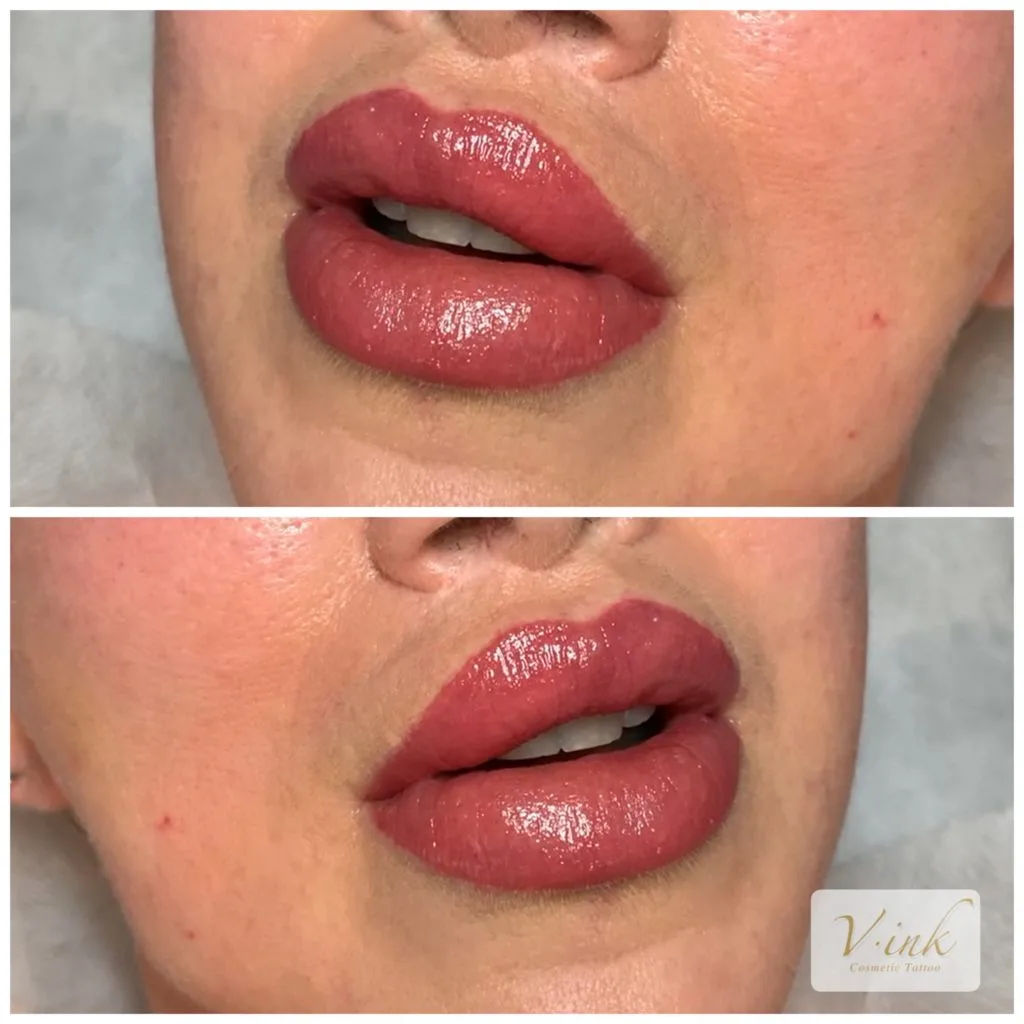 Lip blush before and after — stacked pink-mauve lip macros