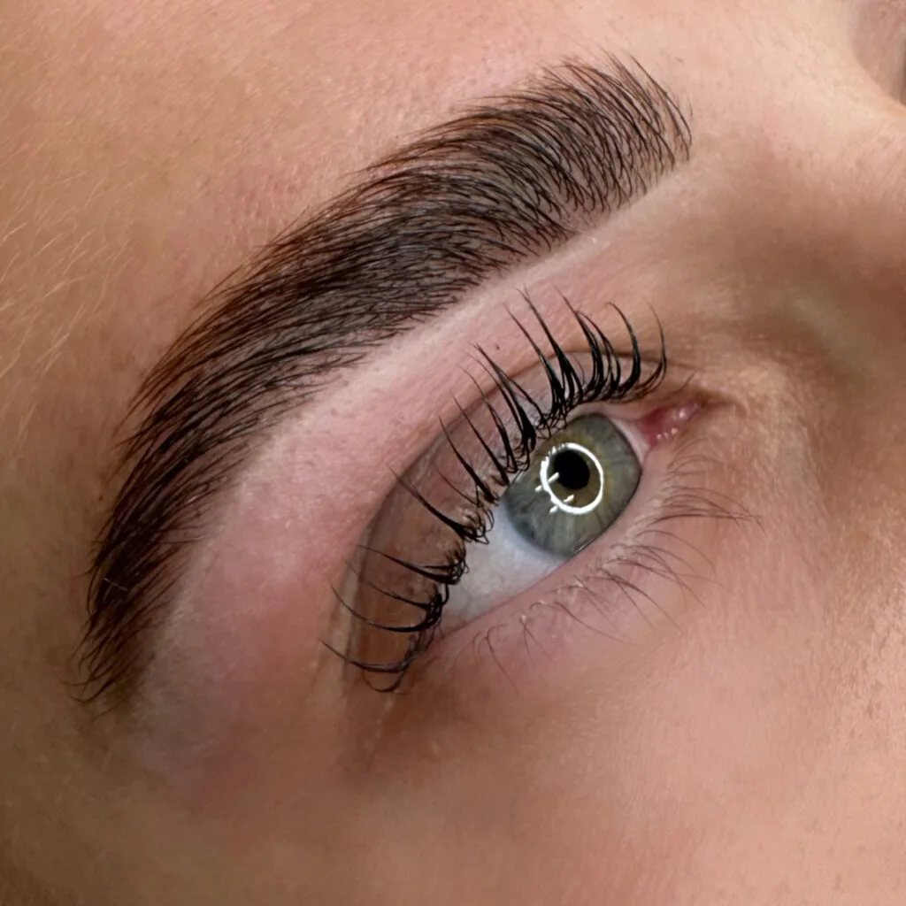 Brow lamination and lash lift — fluffy laminated brow and green eye macro