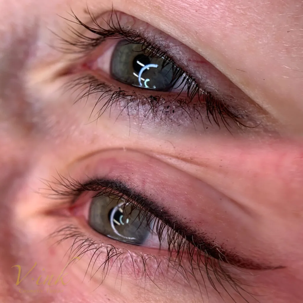 Eyeliner tattoo before and after — lash-line enhancement on brown eye
