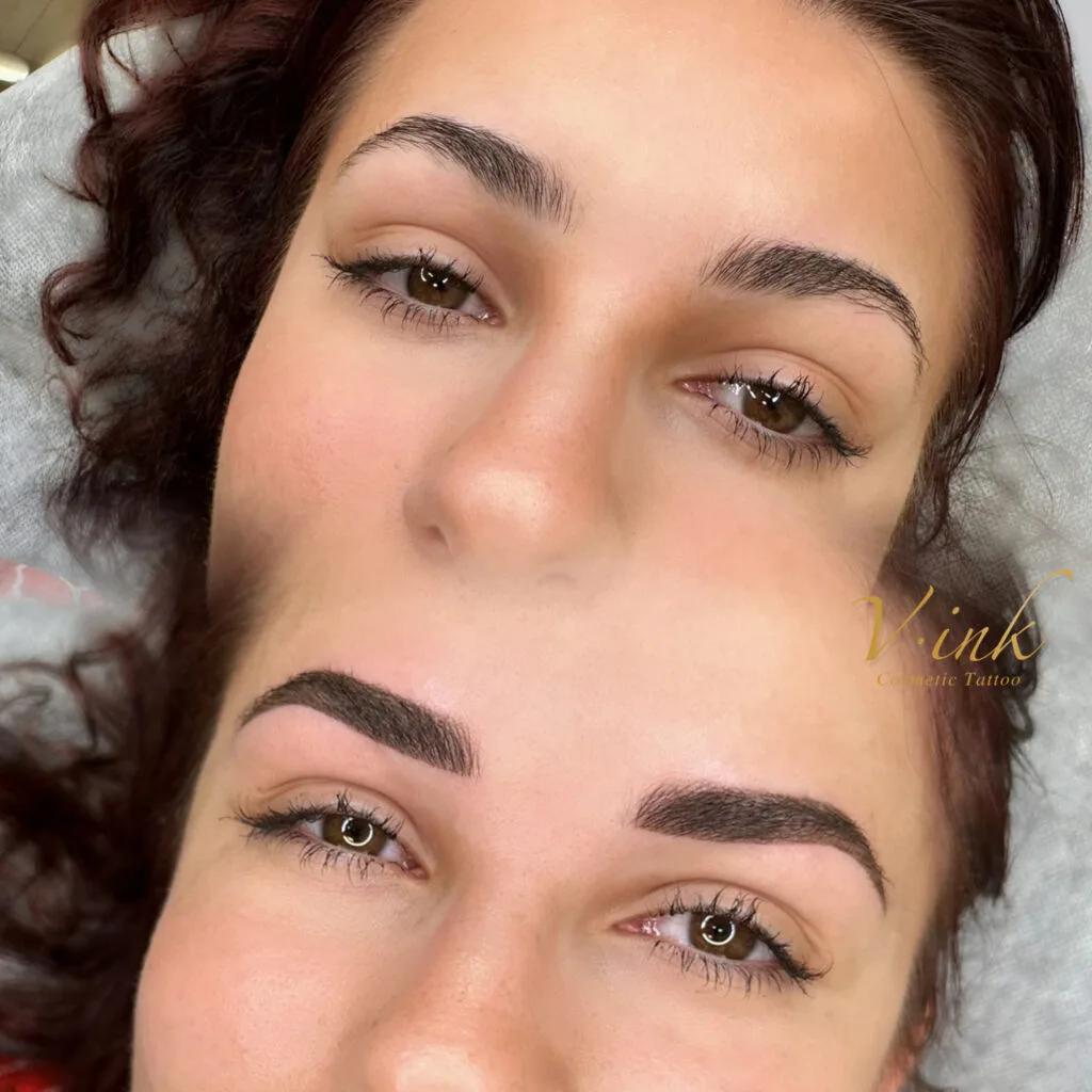 Eyebrow cosmetic tattoo before and after — natural ombré brow result