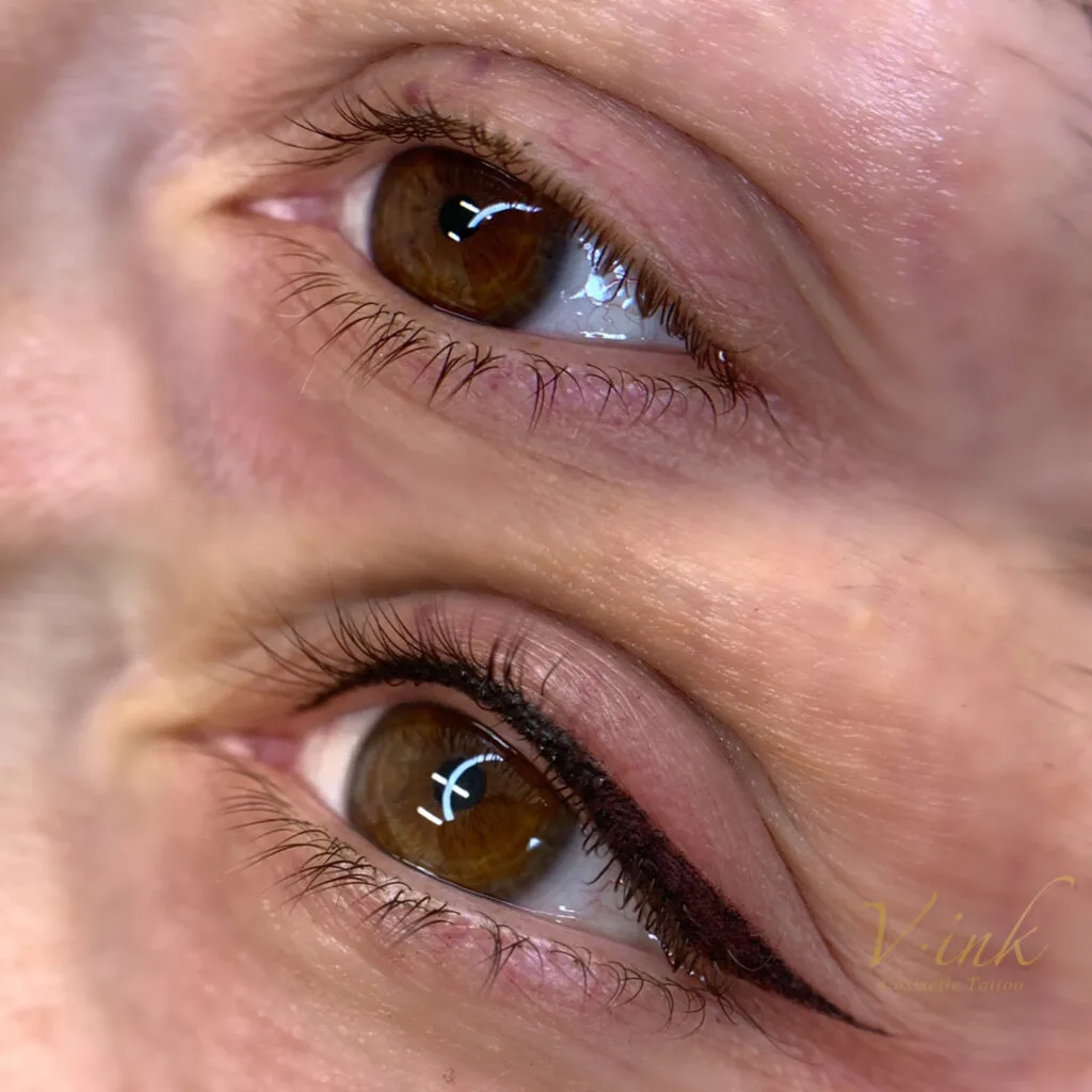 Winged eyeliner tattoo before and after — brown eye