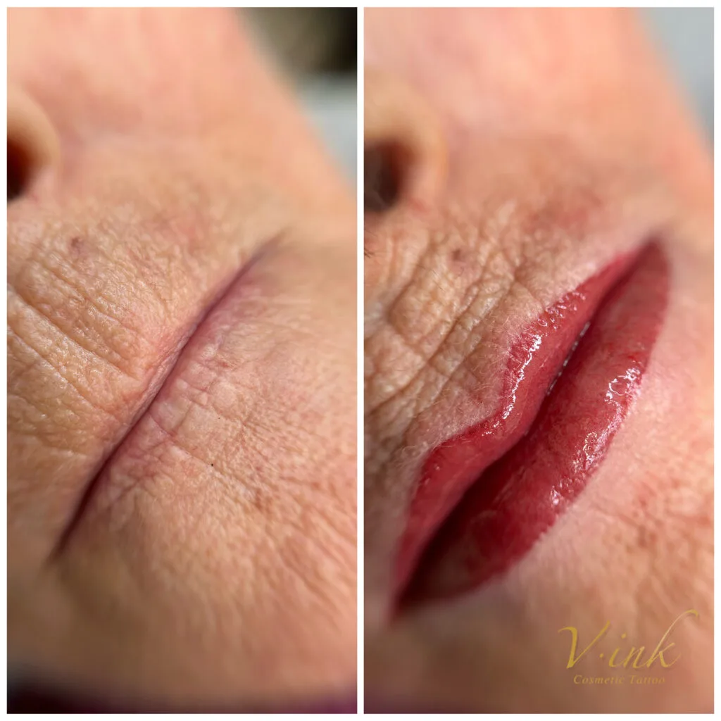 Lip blush before and after — mature client, pale to full red lip