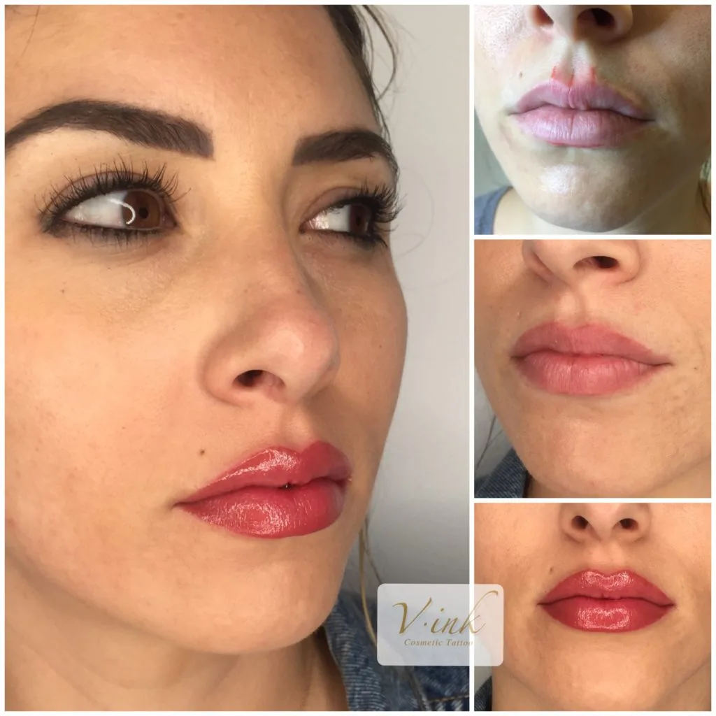 Lip tattoo collage — three-quarter portrait with lip macro details